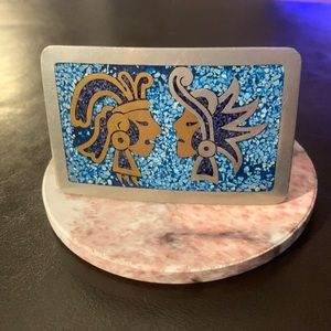 Vintage 1970’s Turquoise Chip MEXICO Silver and Copper Belt Buckle Inlay